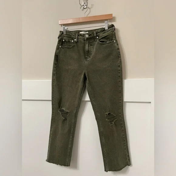 Cleo + Wolf Olive Green High-Waist Straight Crop Frayed Jeans Size 28/27 - Picture 6 of 10